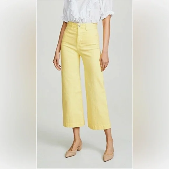 Veronica Beard Cynthia Gaucho CROP WIDE LEG JEANS Denim 12.5” Yellow sz 24 - Picture 2 of 13